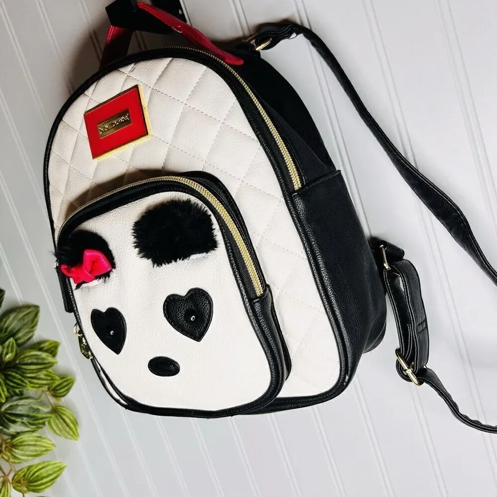 Betsey Johnson Backpack Medium with Panda Face Furry Brows White Black Pink